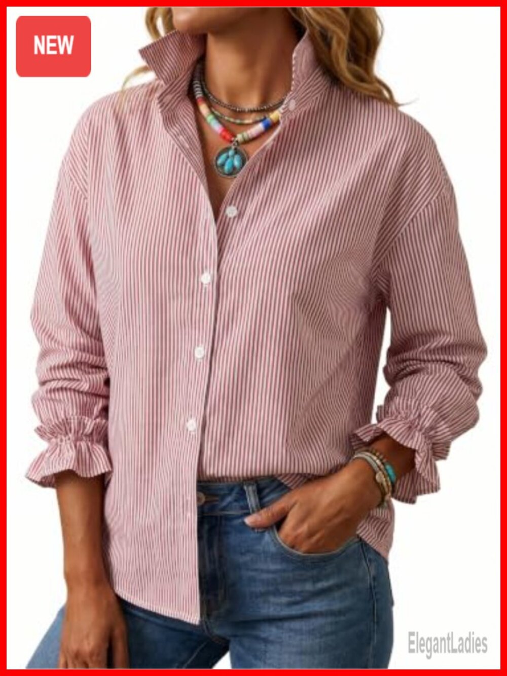 Women's 100% Cotton Striped Button Down Shirt Ruffle Cuff Blouse
